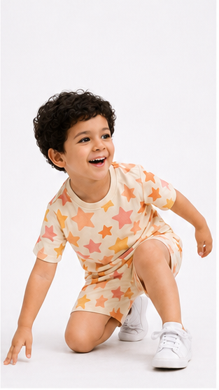 Pastel Star Print Kids Co-Ord Set – Soft Cotton T-Shirt & Shorts Summer Outfit for Boys & Girls