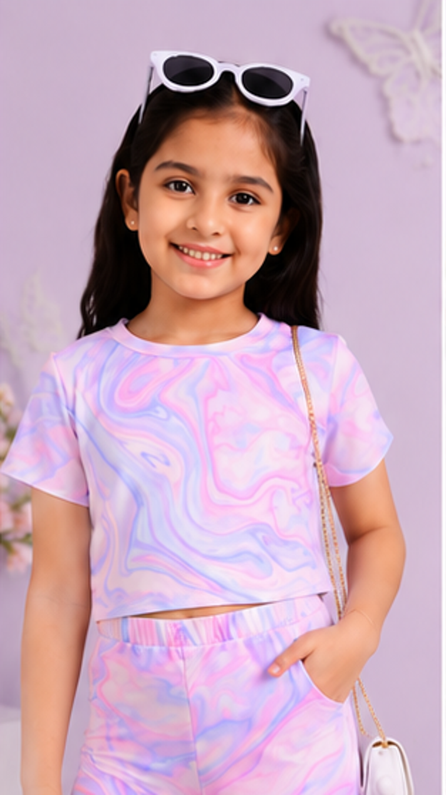 Girls Pastel Tie Dye Co-Ord Set | Kids Crop Top & Flared Pants Outfit | Trendy Casual Wear for Girls
