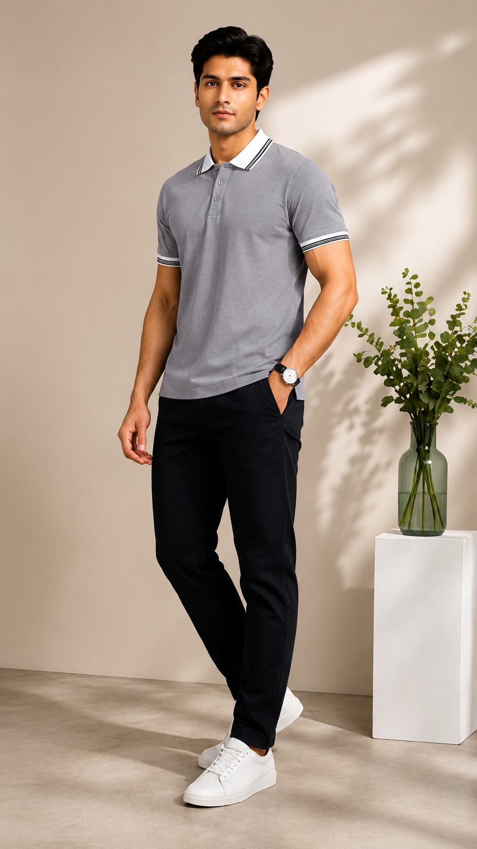 Men’s Premium Light Grey Polo T-Shirt with White Contrast Collar & Sleeve Stripes
