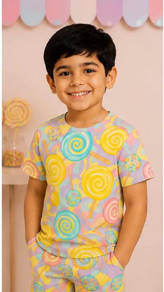 Candy Lollipop Print Kids Co-Ord Set – Soft Cotton T-Shirt & Shorts Summer Outfit for Boys & Girls