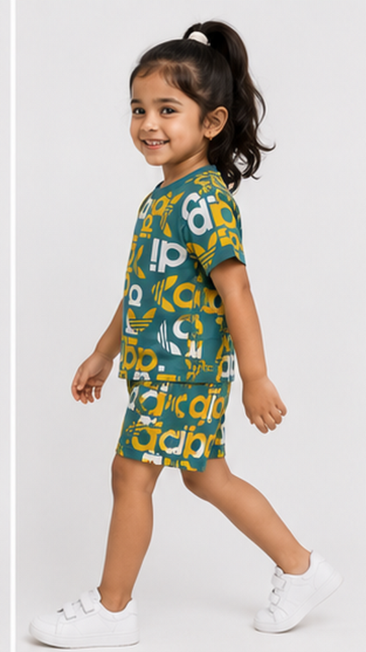 Teal Graphic Typography Kids Co-Ord Set – Bold Logo Style T-Shirt & Shorts for Girls