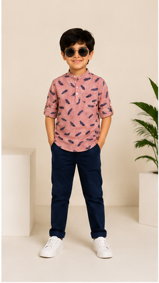 Boys Peach Feather Print Mandarin Collar Shirt (Full Sleeve)
