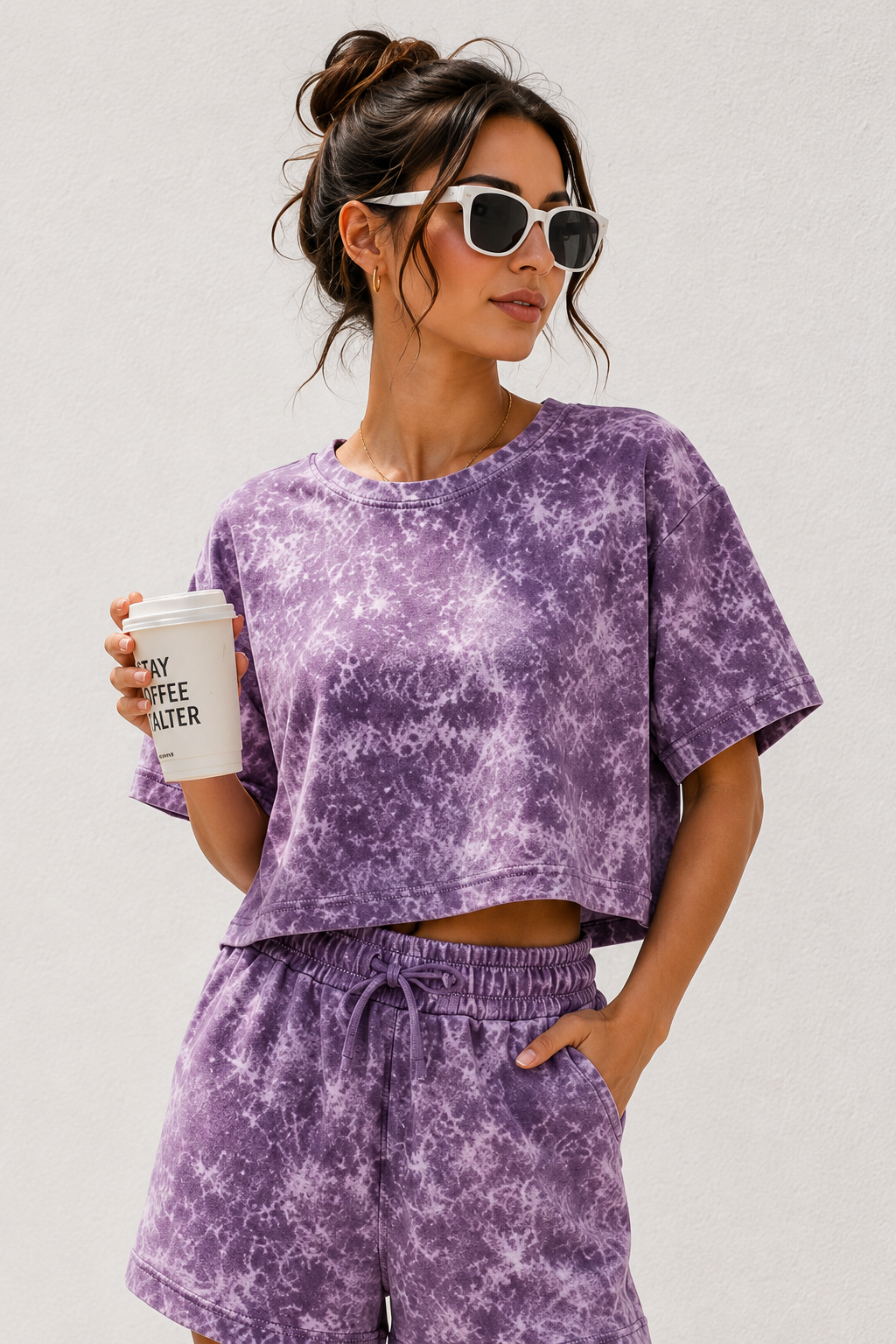 Horcun Women’s Lavender Marble Print Co-Ord Shorts Set | Stylish Casual Two-Piece Outfit