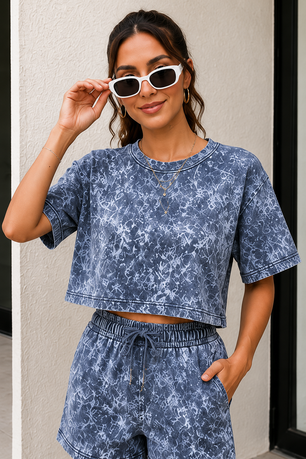 Horcun Women’s Slate Blue Marble Print Co-Ord Shorts Set | Casual Two-Piece Outfit