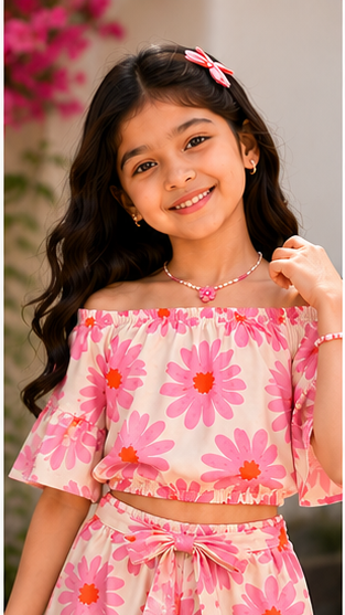 Girls Peach Pink Daisy Floral Off-Shoulder Co-Ord Set – Summer Top & Shorts