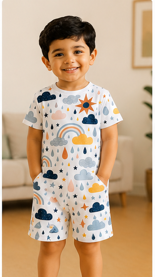 Rainbow Cloud Kids Co-Ord Set – Soft Cotton T-Shirt & Shorts with Weather Print