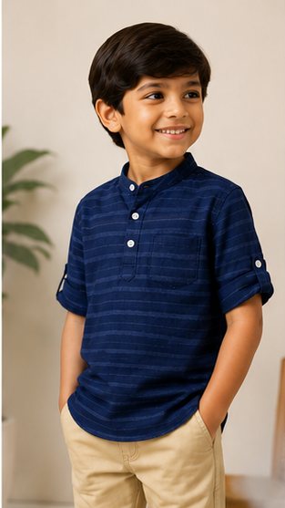 Boys Navy Blue Striped Mandarin Collar Shirt (Full Sleeve)
