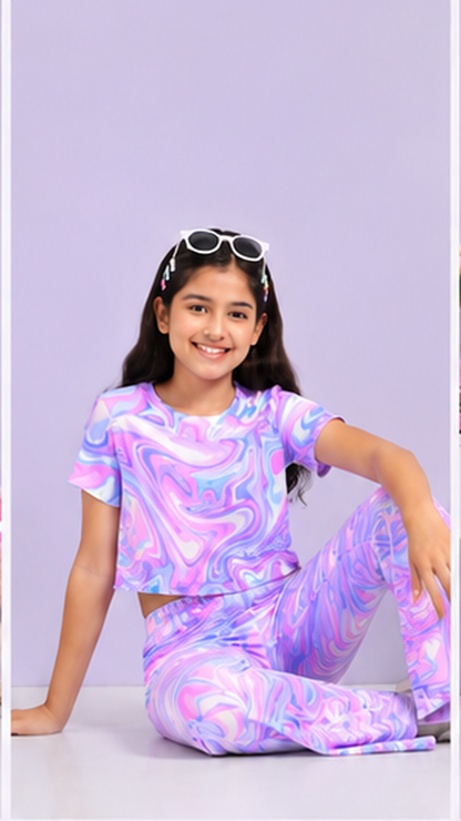 Girls Rainbow Marble Co-Ord Set | Kids Crop Top & Bell Bottom Pants Outfit | Trendy Party Wear for Girls