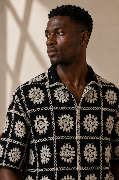 Men's Black Floral Embroidered Shirt – Premium Casual Summer Resort Wear