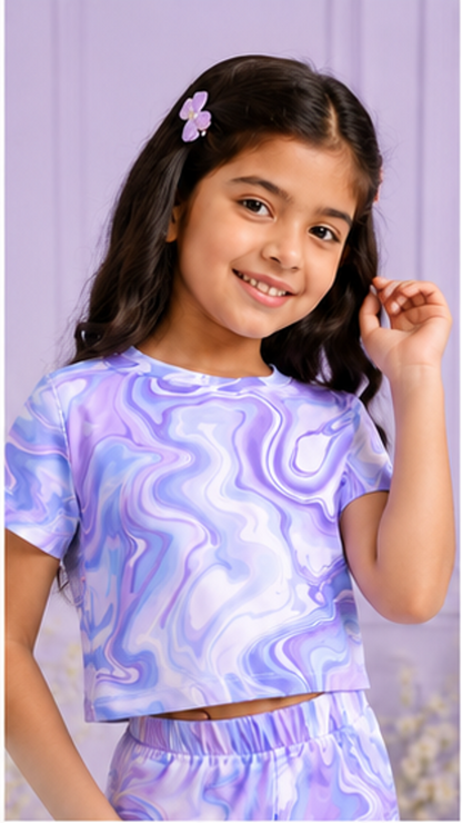 Girls Lilac Marble Co-Ord Set | Kids Crop Top & Flared Pants Outfit | Trendy Casual Wear for Girls