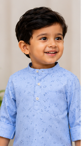 Boys Sky Blue Micro Print Cotton Short Kurta Shirt – Elegant Casual Kidswear
