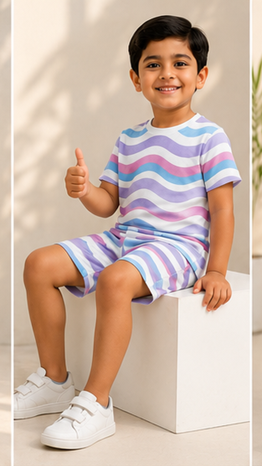 Pastel Wave Stripe Kids Co-Ord Set – Soft Cotton T-Shirt & Shorts Summer Outfit for Boys & Girls