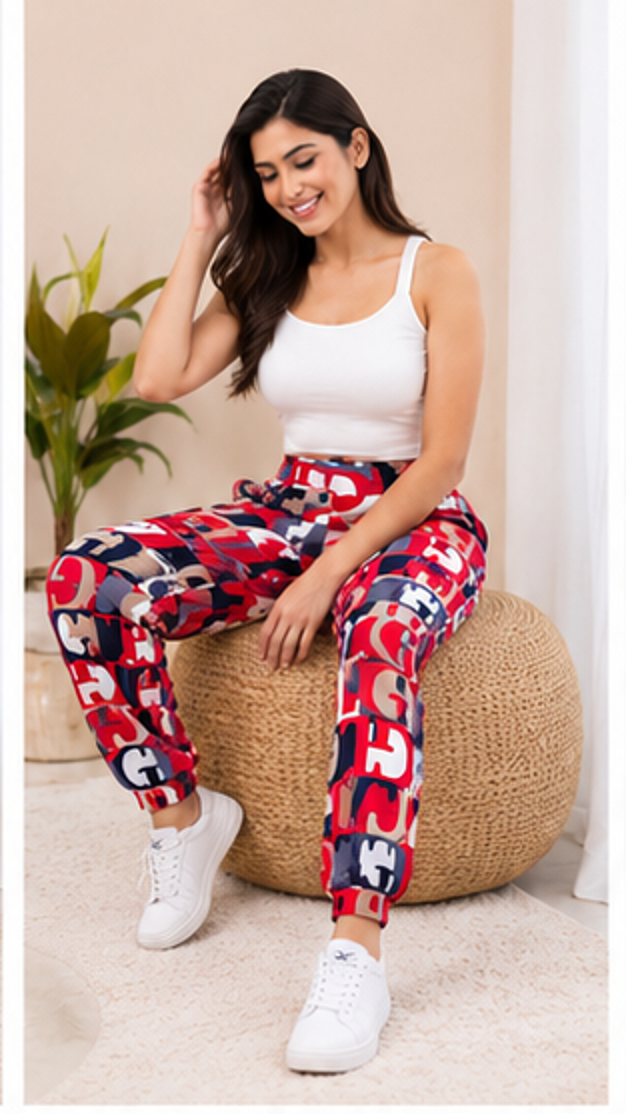 Women Red Printed Joggers – Stylish Typography Casual Lounge & Streetwear Pants
