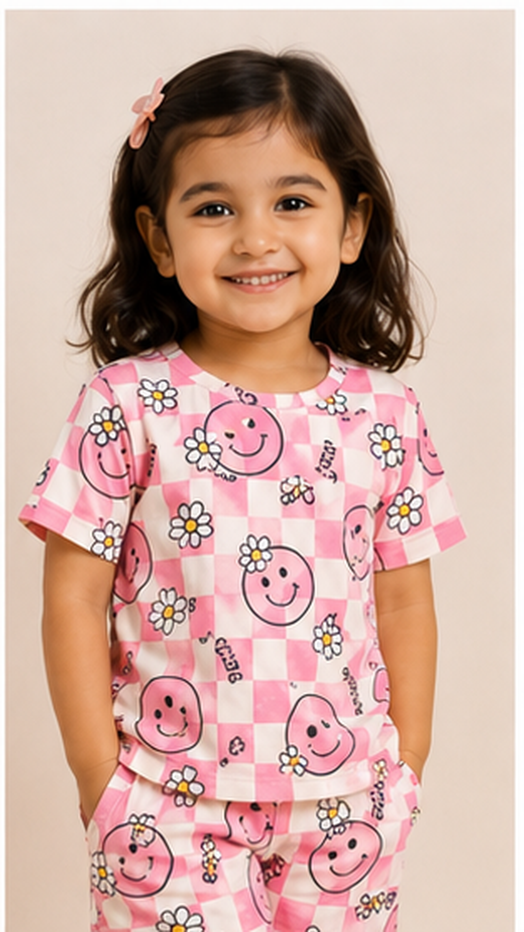 Pink Smiley Checkered Kids Co-Ord Set – Cute Daisy Print T-Shirt & Shorts for Girls