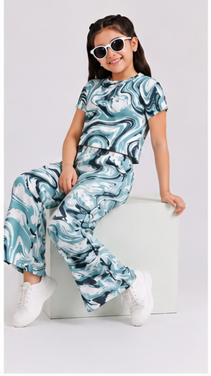 Girls Blue Marble Co-Ord Set | Kids Crop Top & Bell Bottom Pants Outfit | Trendy Western Wear for Girls