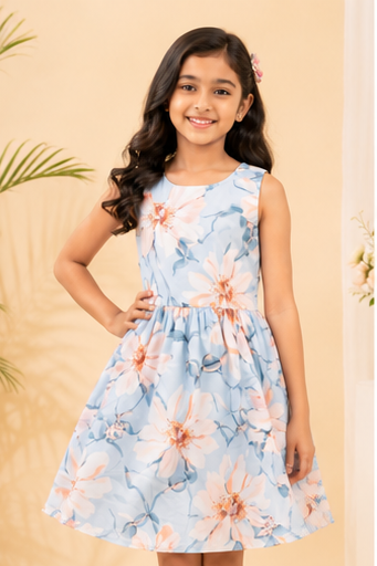 Girls Floral Fit & Flare Dress – Sky Blue with Soft Blossom Print