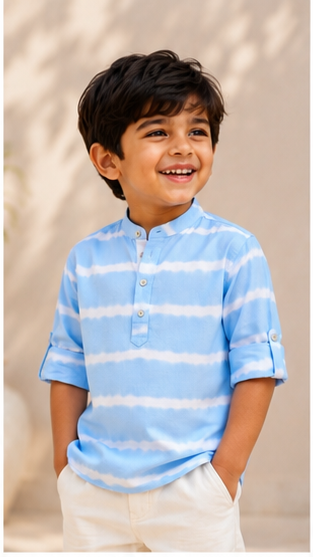 Boys Sky Blue Tie-Dye Striped Mandarin Collar Shirt (Full Sleeve)