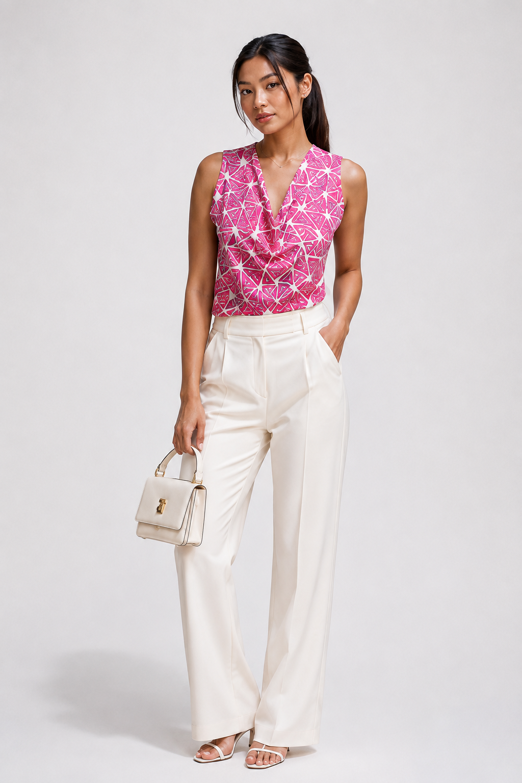 Horcun Women's Pink Geometric Print Cowl Neck Top | Stylish Sleeveless Top