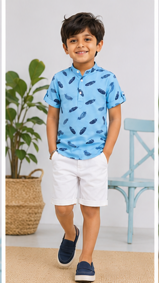 Boys Sky Blue Feather Print Mandarin Collar Shirt (Full Sleeve)