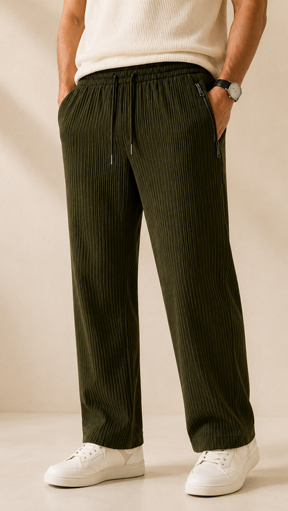 Olive Green Ribbed Track Pants for Men | Premium Relaxed Fit Textured Joggers with Zip Pockets