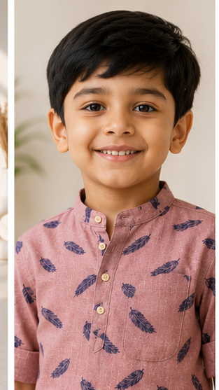 Boys Peach Feather Print Mandarin Collar Shirt (Full Sleeve)