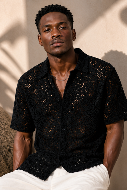 Men's Black Crochet Lace Shirt – Premium Summer Resort Wear Casual Button Down