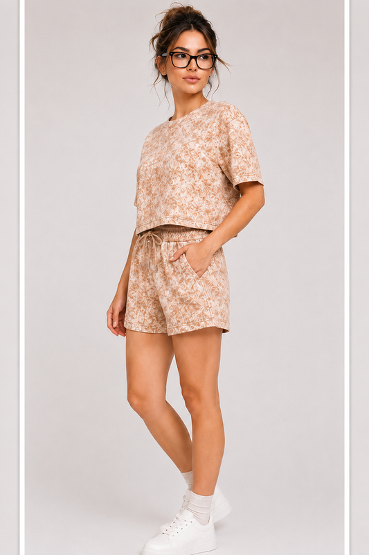 Horcun Women’s Beige Marble Print Co-Ord Shorts Set | Casual Matching Outfit