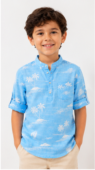 Boys Sky Blue Tropical Print Cotton Short Kurta Shirt – Summer Casual Kidswear