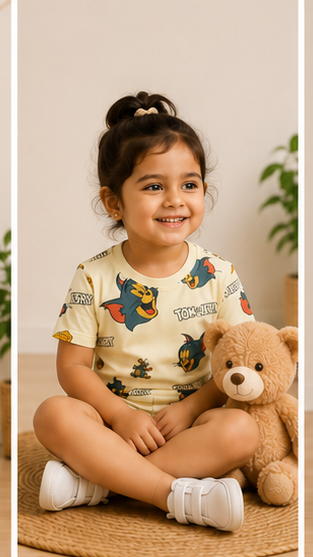 Beige Cartoon Cat & Mouse Kids Co-Ord Set – Cute Character Print T-Shirt & Shorts