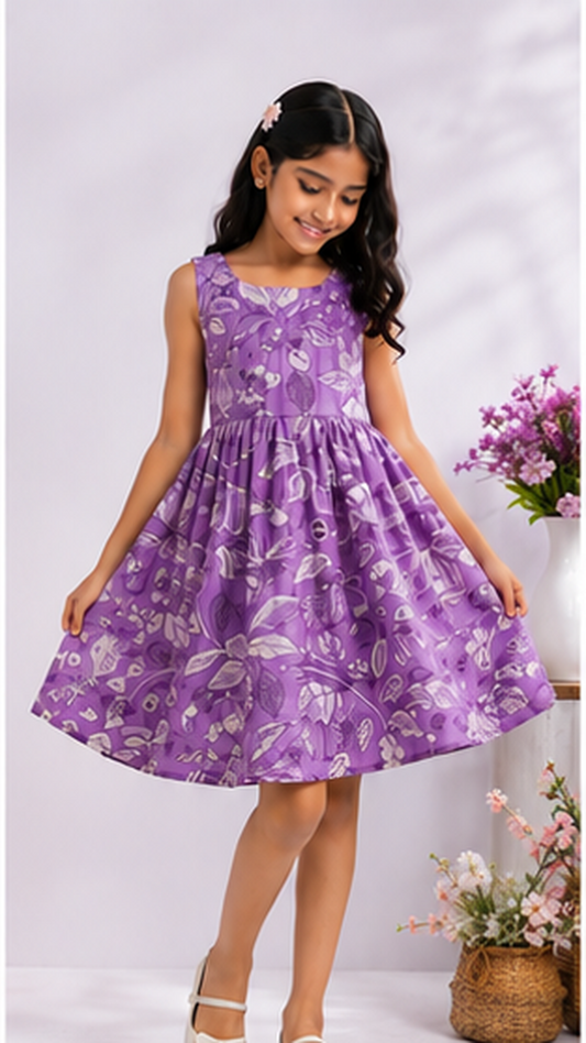 Girls Floral Fit & Flare Dress – Lavender Purple with Botanical Print
