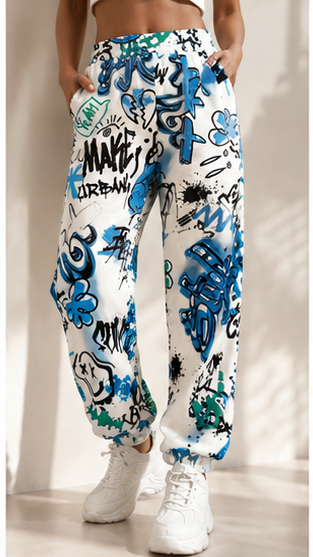 Women White Graffiti Printed Joggers – Stylish Casual Lounge & Streetwear Pants