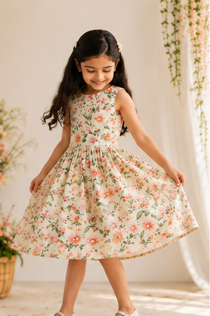 Girls Cream Floral Print Fit & Flare Dress (Sleeveless)