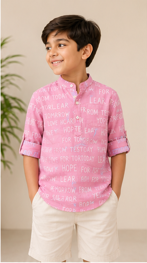 Boys Pink Typography Print Mandarin Collar Shirt (Full Sleeve)