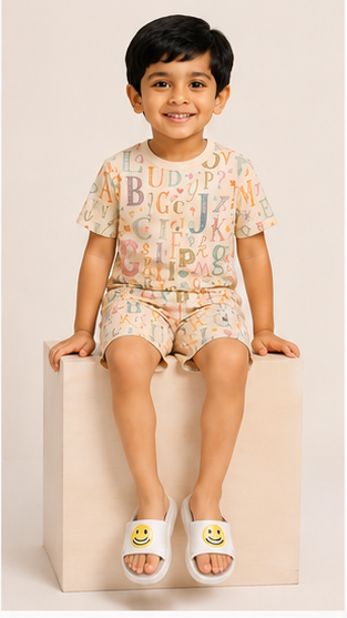 Alphabet Print Kids Co-Ord Set – Educational Cotton T-Shirt & Shorts Summer Outfit for Boys & Girls