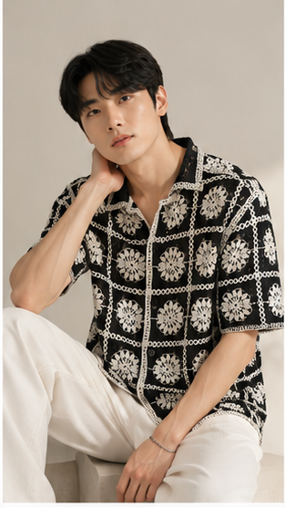 Men's Black & White Crochet Floral Grid Shirt – Premium Handmade Knit Resort Wear Shirt