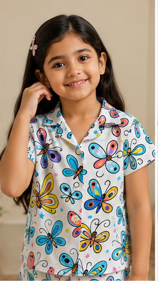 Butterfly Print Kids Co-Ord Set – Stylish Cotton Shirt & Shorts Set for Girls