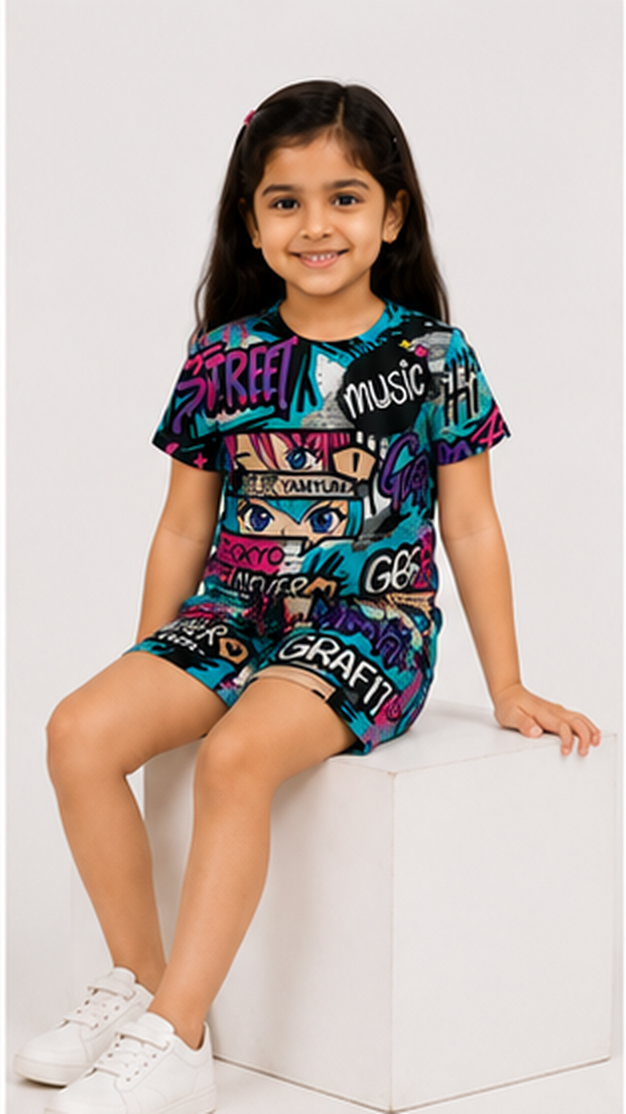 Urban Street Graffiti Print Kids Co-Ord Set – Trendy Graphic T-Shirt & Shorts for Girls