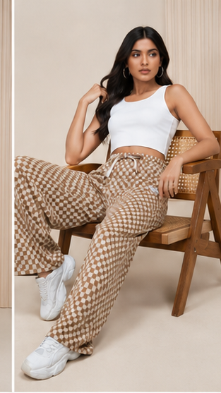 Women Beige Printed Wide Leg Pants – Stylish Casual Lounge & Relaxed Fit Trousers