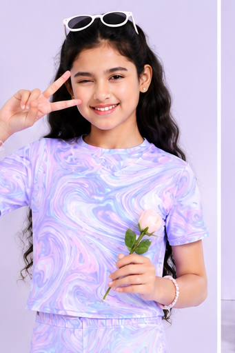 Girls Lavender Marble Co-Ord Set | Kids Crop Top & Flared Pants Outfit | Trendy Western Wear for Girls