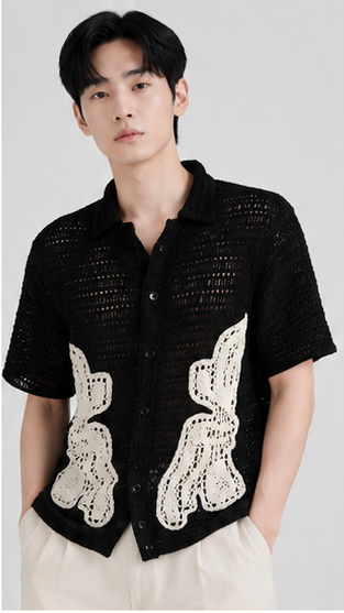 Men's Black Crochet Abstract Floral Shirt – Premium Handmade Open Knit Resort Wear Shirt