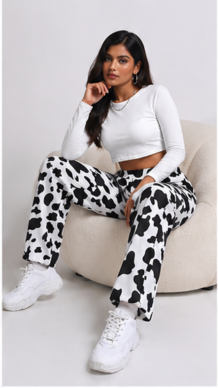 Women Black White Cow Print Pants – Stylish Wide Leg Casual Streetwear Trousers