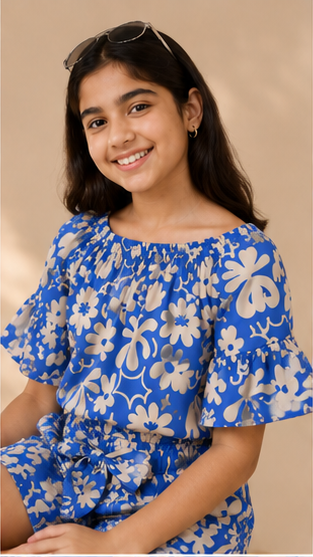 Girls Blue Floral Off-Shoulder Co-Ord Set – Summer Printed Top & Shorts