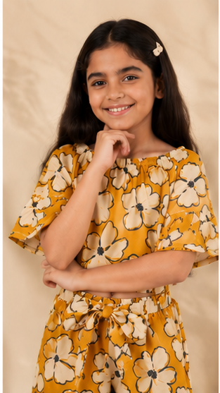 Girls Mustard Floral Off-Shoulder Co-ord Set with Tie-Up Shorts