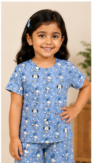 Blue Cartoon Dog Kids Co-Ord Set – Cute Character Print T-Shirt & Shorts for Girls
