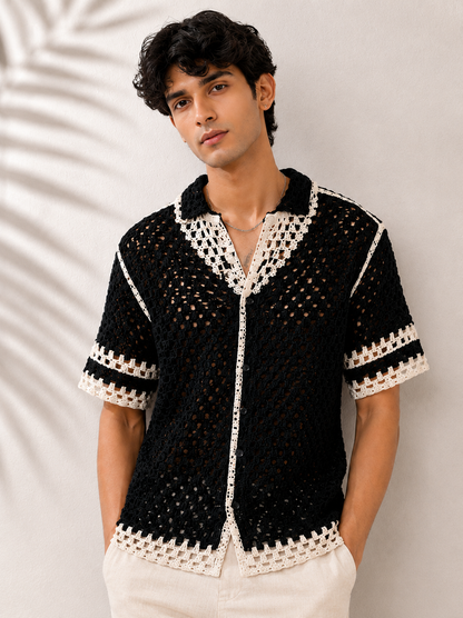 Men's Black Crochet Knit Shirt with White Contrast Trim | Summer Resort Wear
