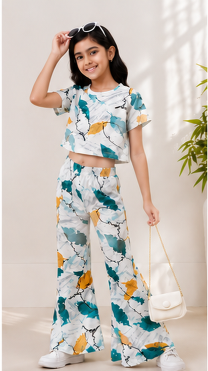 Girls Printed Co-Ord Set with Crop Top & Flared Pants | Stylish Kids Western Wear Outfit for Girls