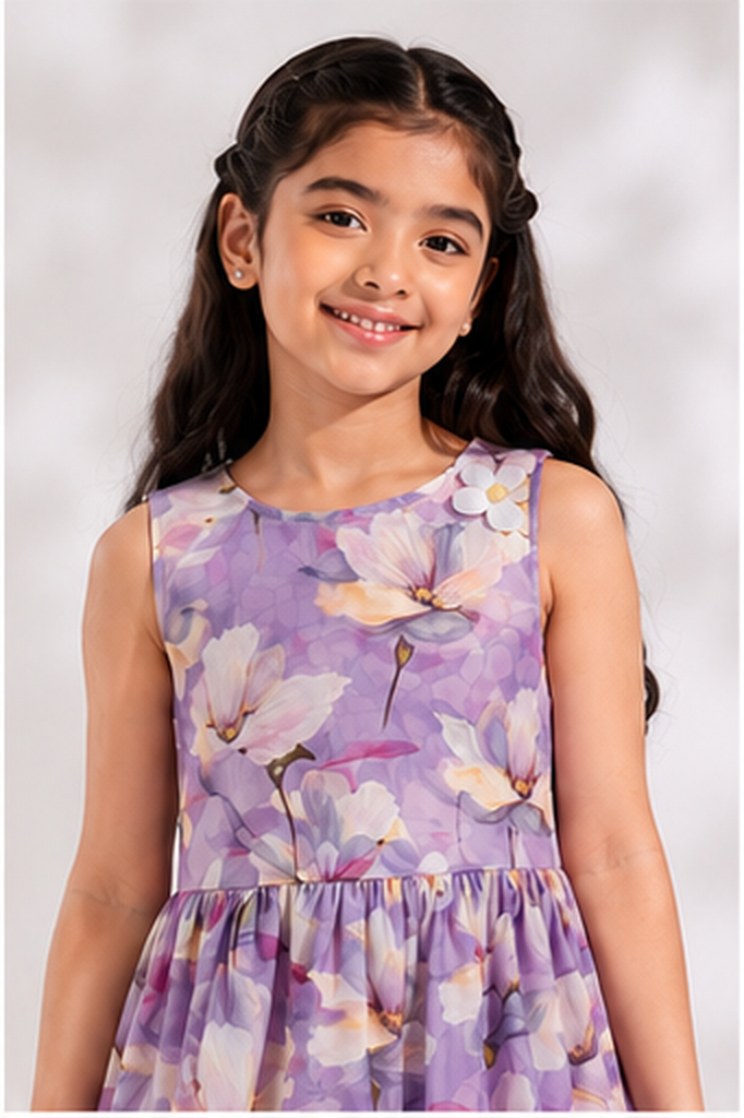 Girls Lavender Floral Print Fit & Flare Dress (Sleeveless)