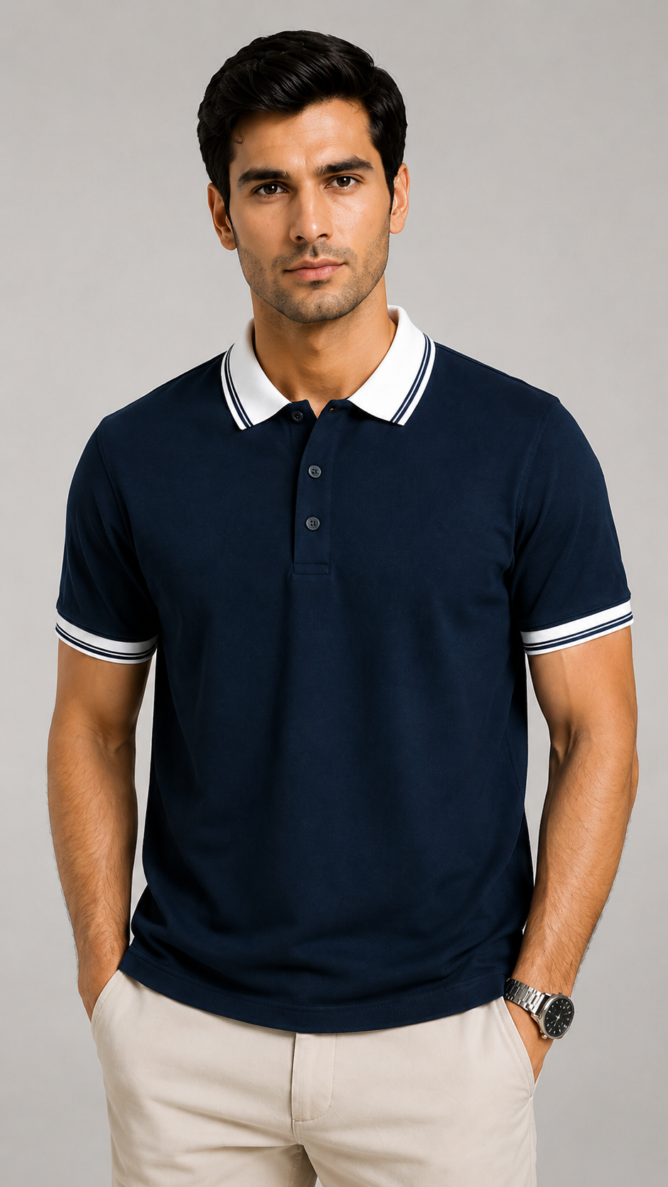 Men’s Premium Navy Blue Polo T-Shirt with White Contrast Collar & Sleeve Stripes