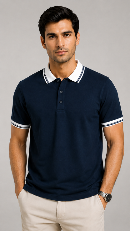 Men’s Premium Navy Blue Polo T-Shirt with White Contrast Collar & Sleeve Stripes