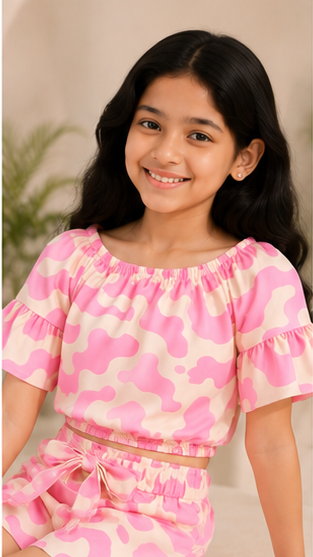 Girls Pink Abstract Print Off-Shoulder Co-ord Set with Tie-Up Shorts